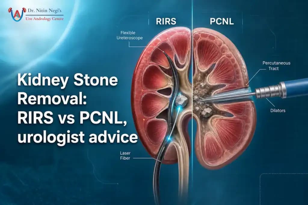 Cover illustration comparing RIRS and PCNL for kidney stone removal with urologist advice.