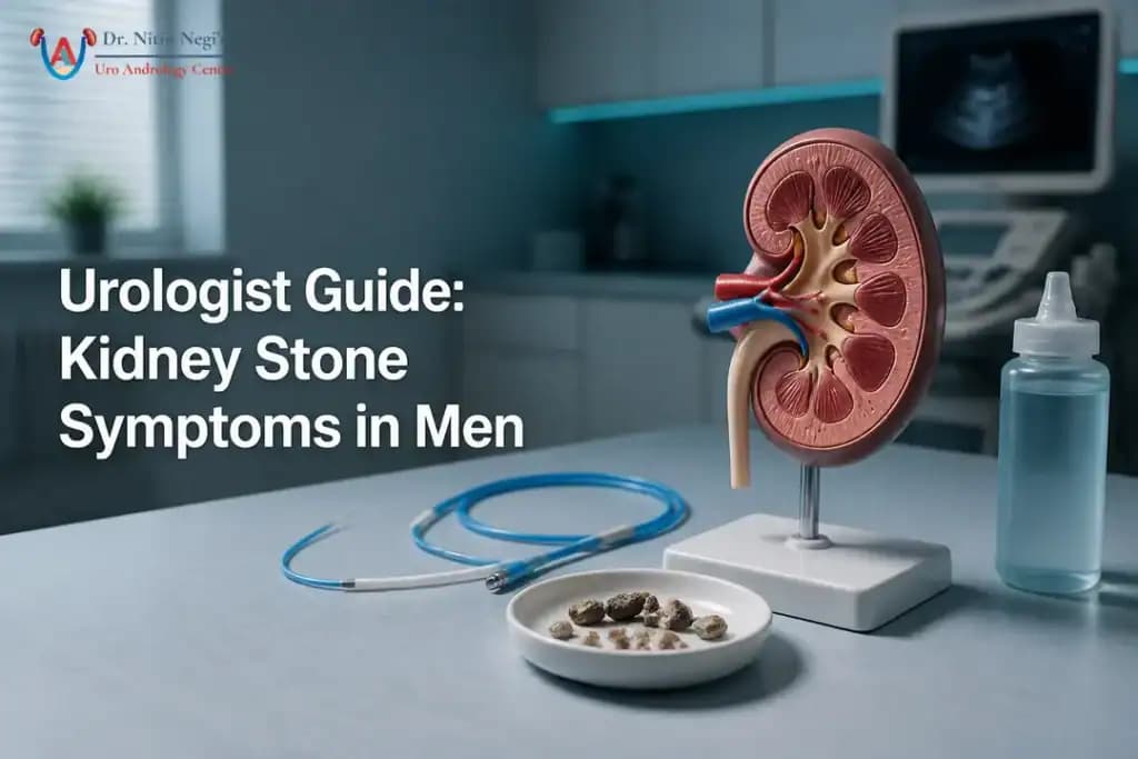 Clinic tools and kidney model illustrating urologist evaluation for kidney stone symptoms in men.