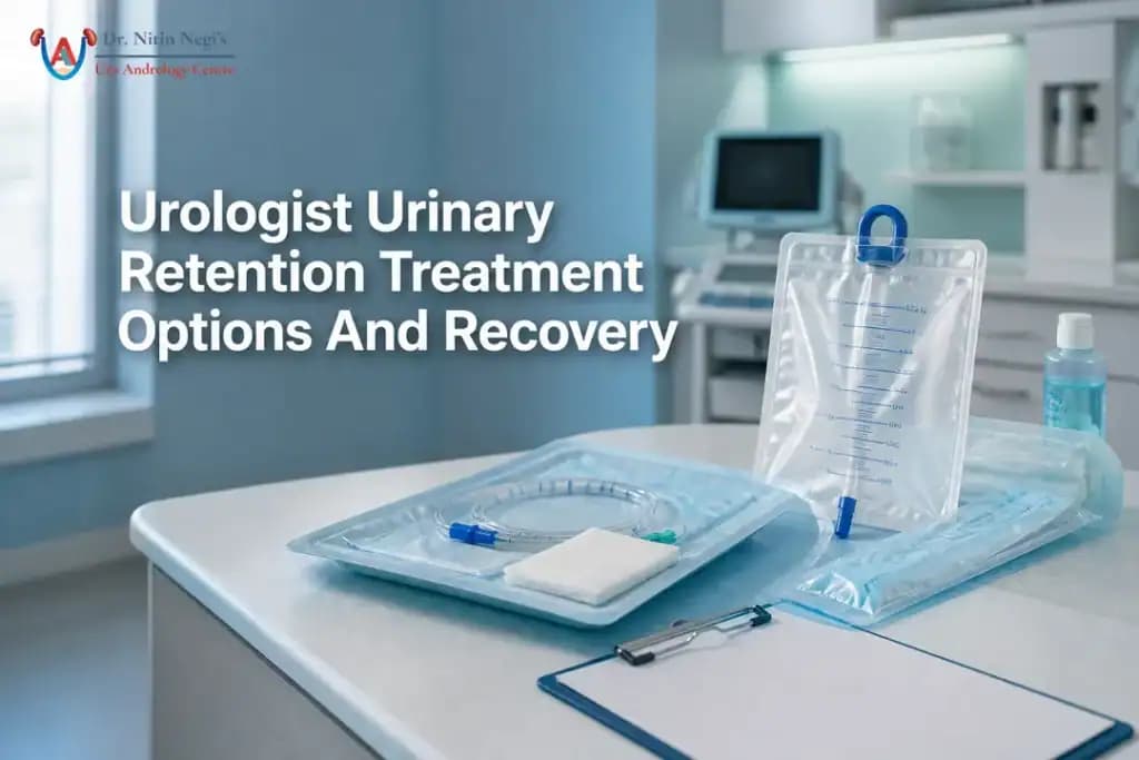 Sterile urology exam room setup with catheter kit showing how a urologist approaches urinary retention care.