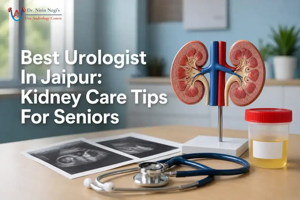 Clinic desk setup with kidney model and reports representing a urologist in jaipur consultation for senior kidney care.