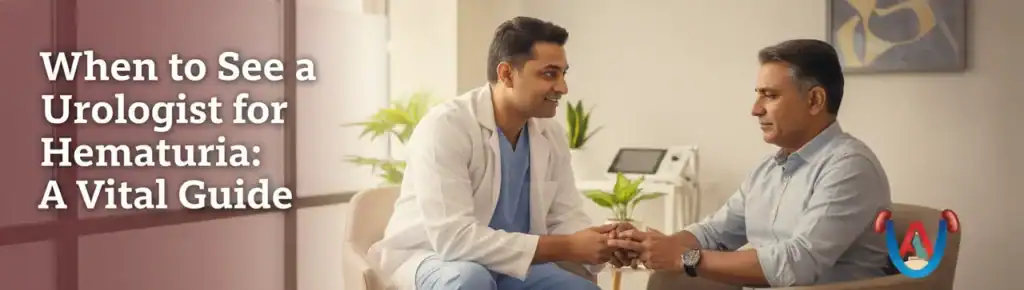 A compassionate urologist for hematuria discussing a patient's chart in a modern urology clinic.