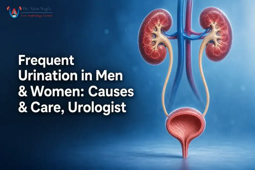 Educational cover image on frequent urination designed by a urologist with a clear urinary tract diagram.