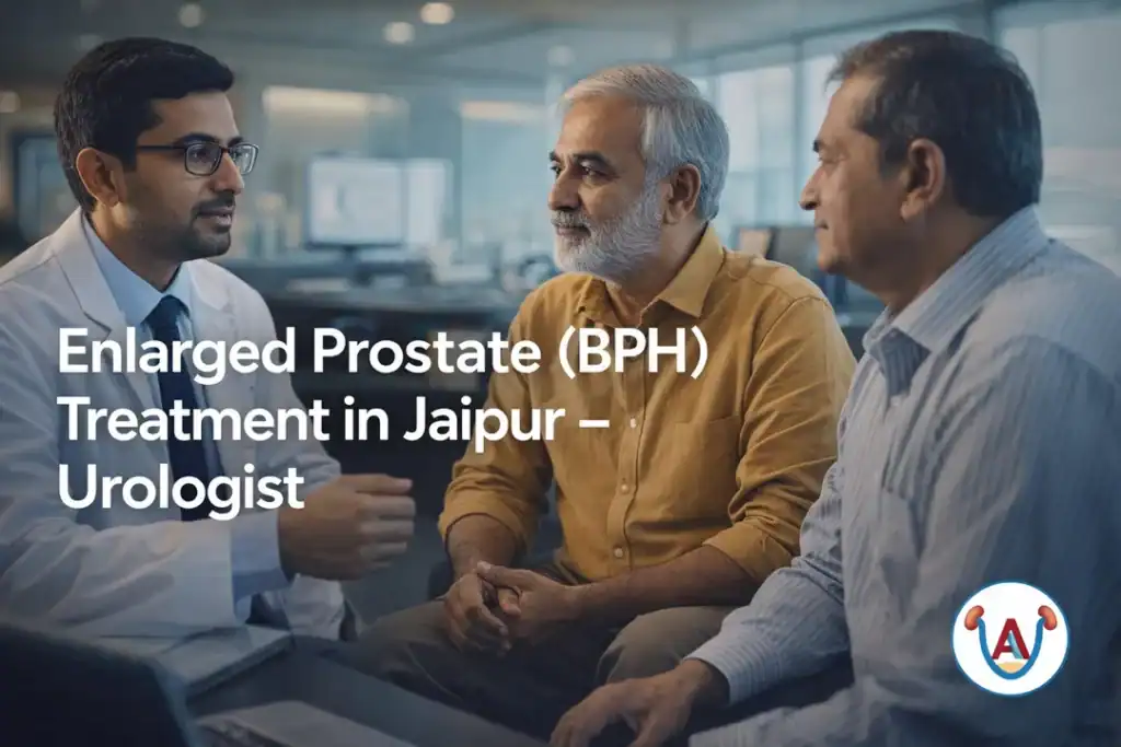Photo of a urologist consulting a middle-aged man about enlarged prostate symptoms