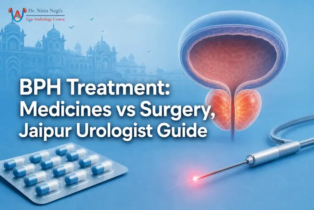 Illustrated prostate care cover highlighting a urologist perspective on BPH medicines versus surgery.
