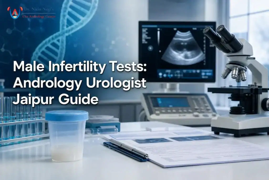 16:9 medical cover for male infertility tests with lab tools and urologist focus