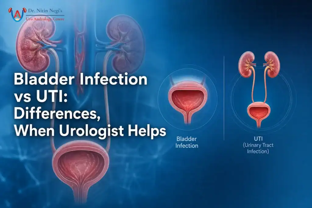 Illustration comparing bladder infection and UTI with emphasis on when urologist helps