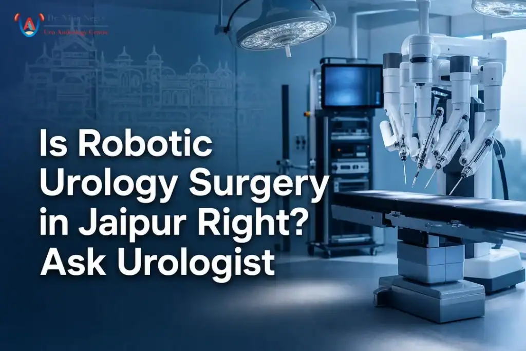 Cover showing a robotic surgery console with Jaipur skyline and title overlay for a urologist blog post.