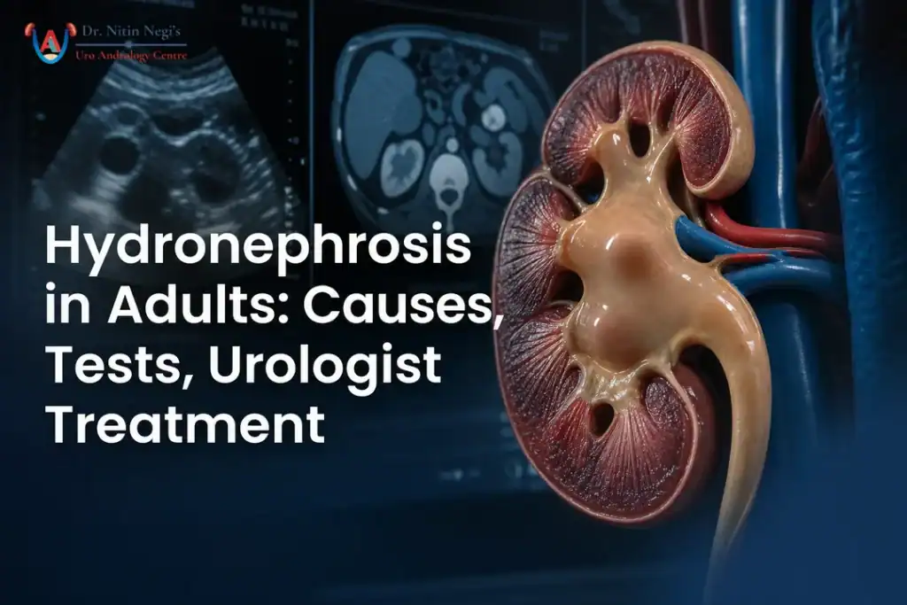 Illustrated kidneys with hydronephrosis and diagnostics for urologist treatment.