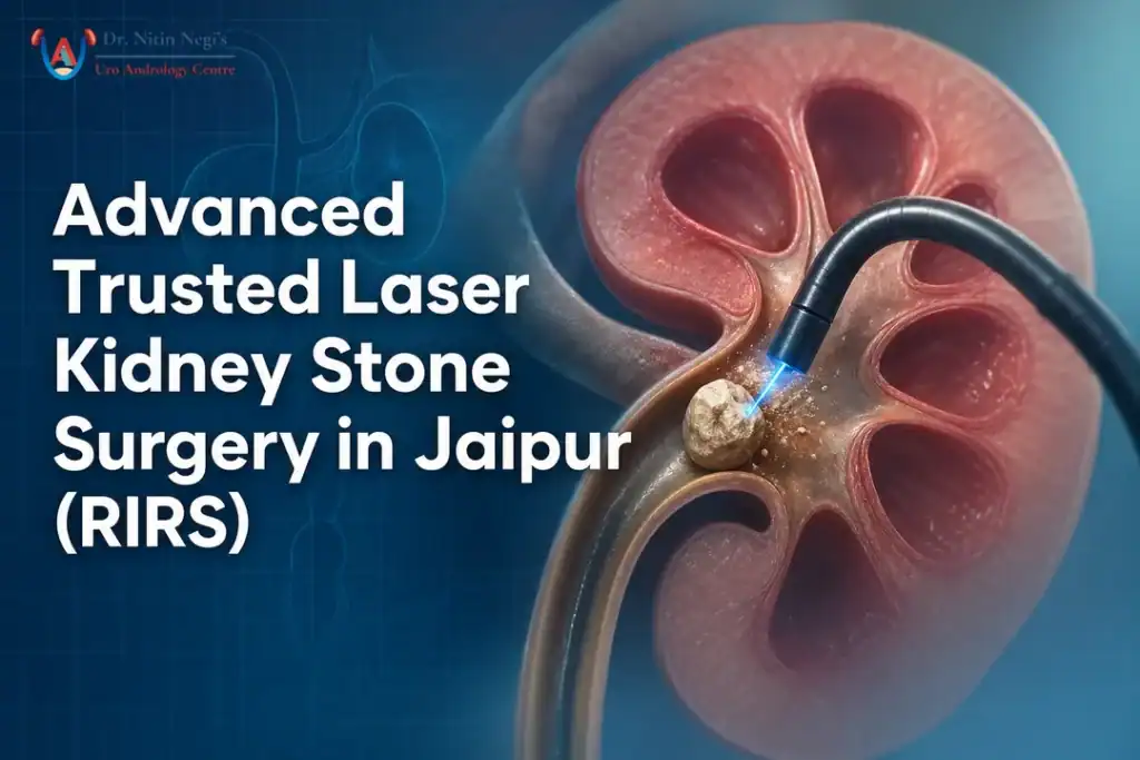 Illustration showing laser kidney stone surgery (RIRS) steps with ureteroscope and laser fiber.