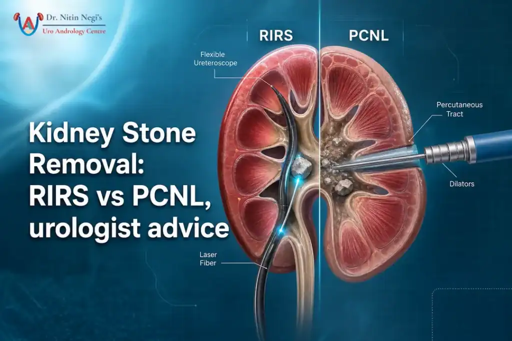 Cover illustration comparing RIRS and PCNL for kidney stone removal with urologist advice.