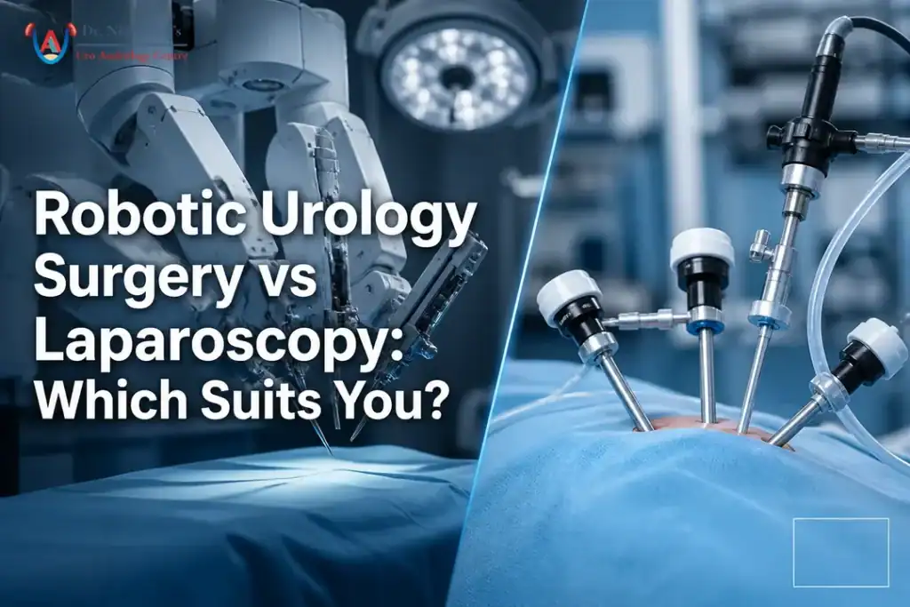 Featured image contrasting robotic urology surgery with laparoscopy tools in a sterile operating room