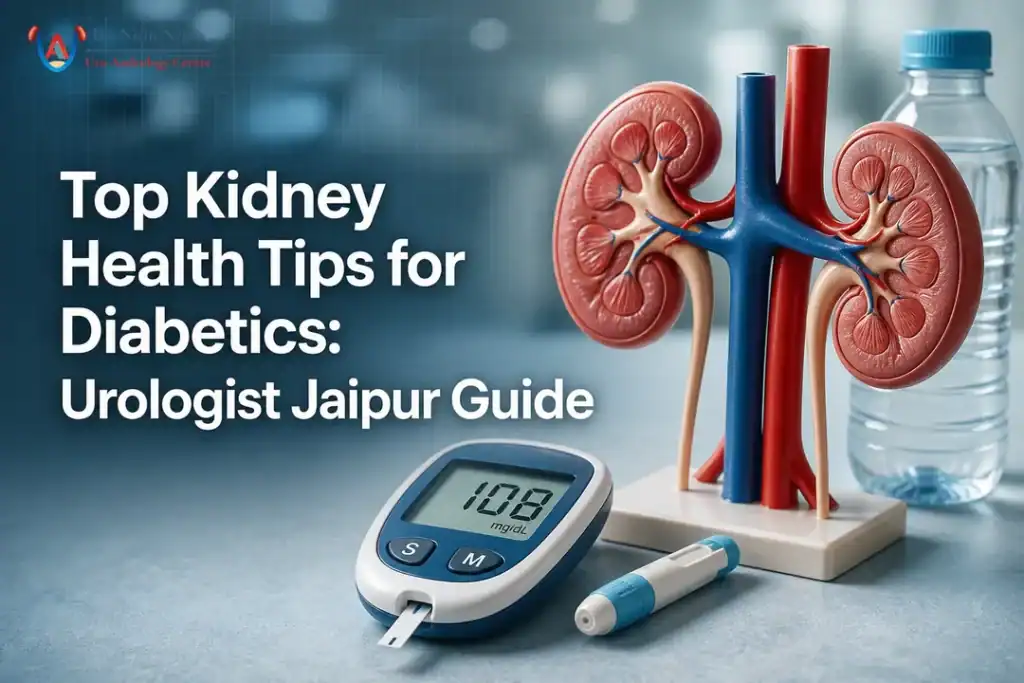 Illustration of kidneys and glucometer for a urologist Jaipur article on diabetic kidney care.
