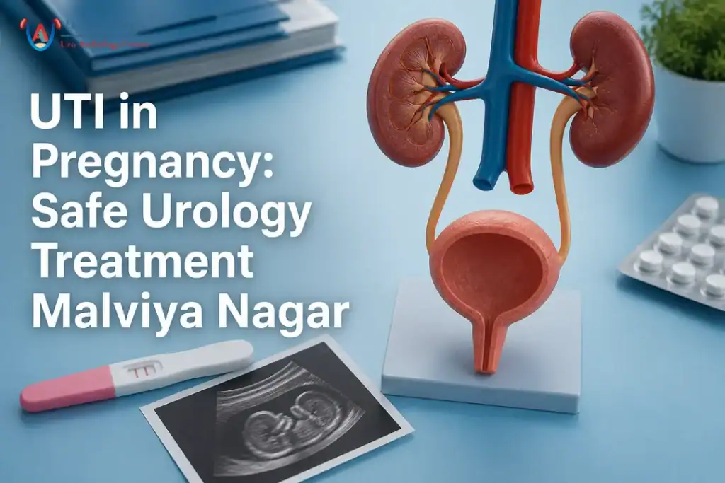 Illustration showing pregnancy-safe urology treatment with kidneys and bladder.