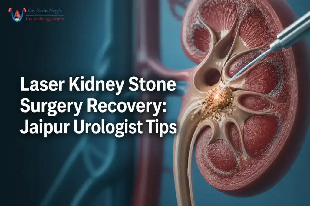 Jaipur urologist guide to laser kidney stone surgery recovery, shown with a kidney illustration and laser fragmenting a stone.
