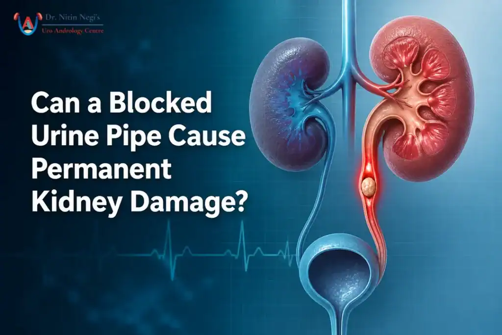 Clinical illustration of a blocked urine pipe causing hydronephrosis and kidney pressure.