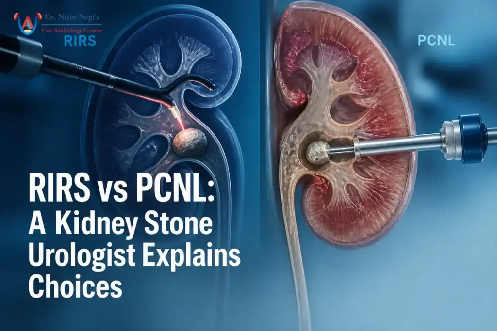 Illustrated comparison of RIRS and PCNL explained by a kidney stone urologist.