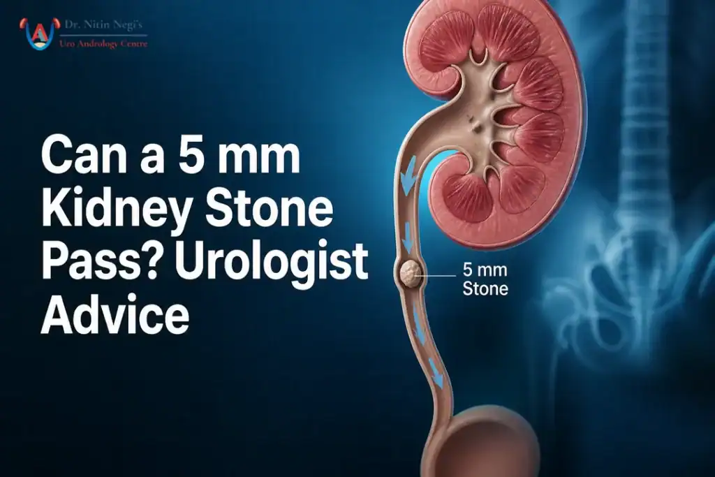 Illustration of kidney and ureter with a 5 mm stone for a urologist guide on whether such stones can pass naturally.